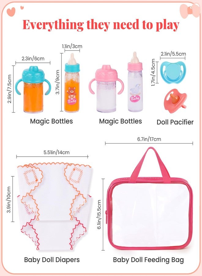 BABESIDE Baby Doll Accessories - 9 Pcs Feeding Set with Magic Bottles, Pacifiers, Bibs, Diapers & Carry Bag, Pretend Play Kit for 12-15 Inch Dolls - Image 3